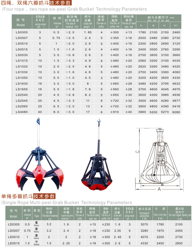 四绳双绳六瓣抓斗技术参数