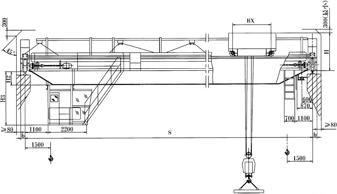 QL型电磁挂梁桥式起重机正面结构图