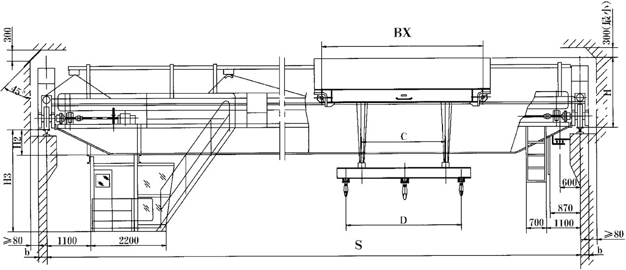 挂梁桥式起重机（平行主梁方向）结构横向结构图