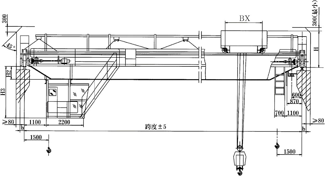 挂梁桥式起重机（垂直主梁方向）结构图